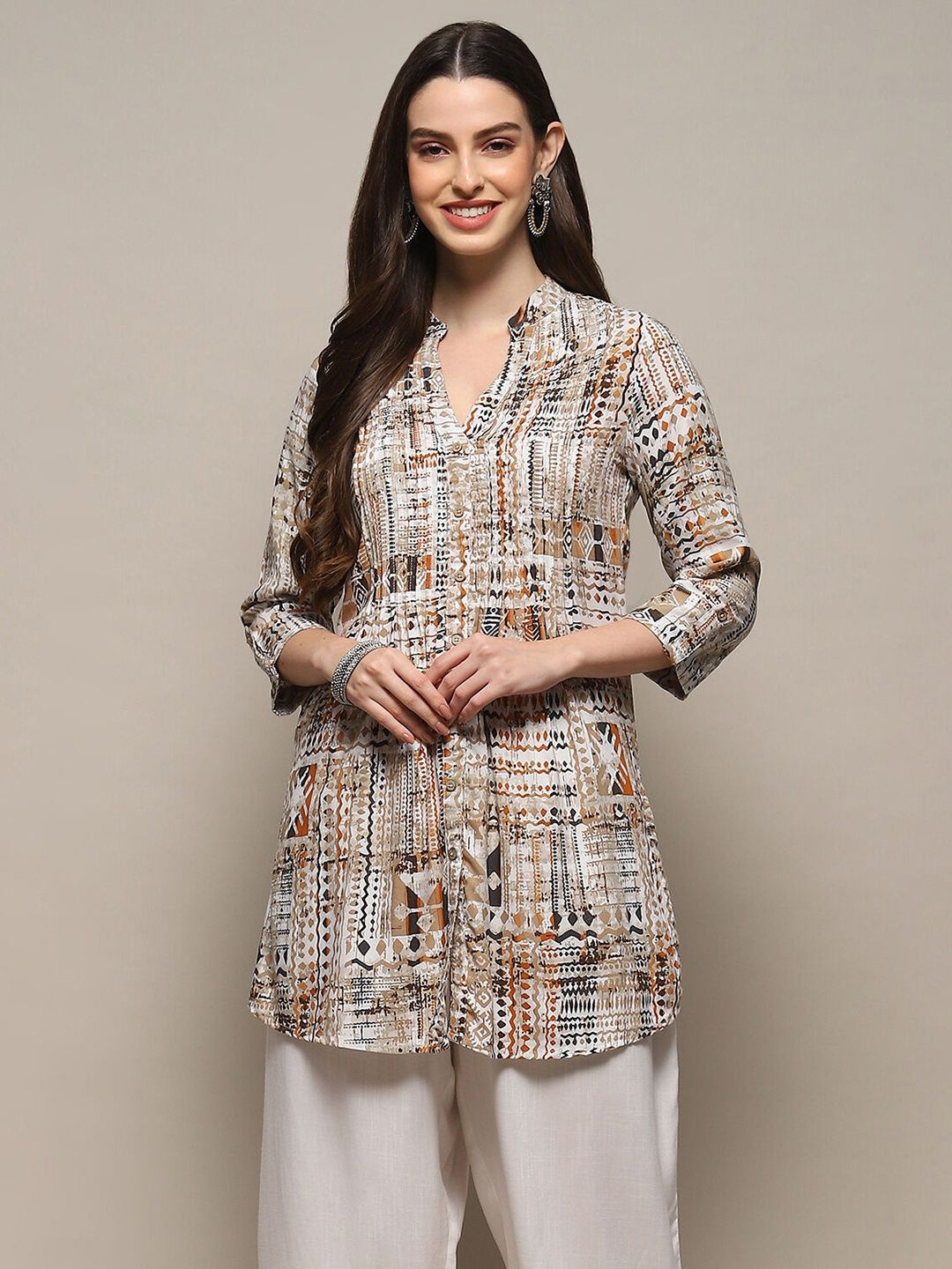 

Biba Ethnic Motifs Printed Mandarin Collar Kurti, Brown