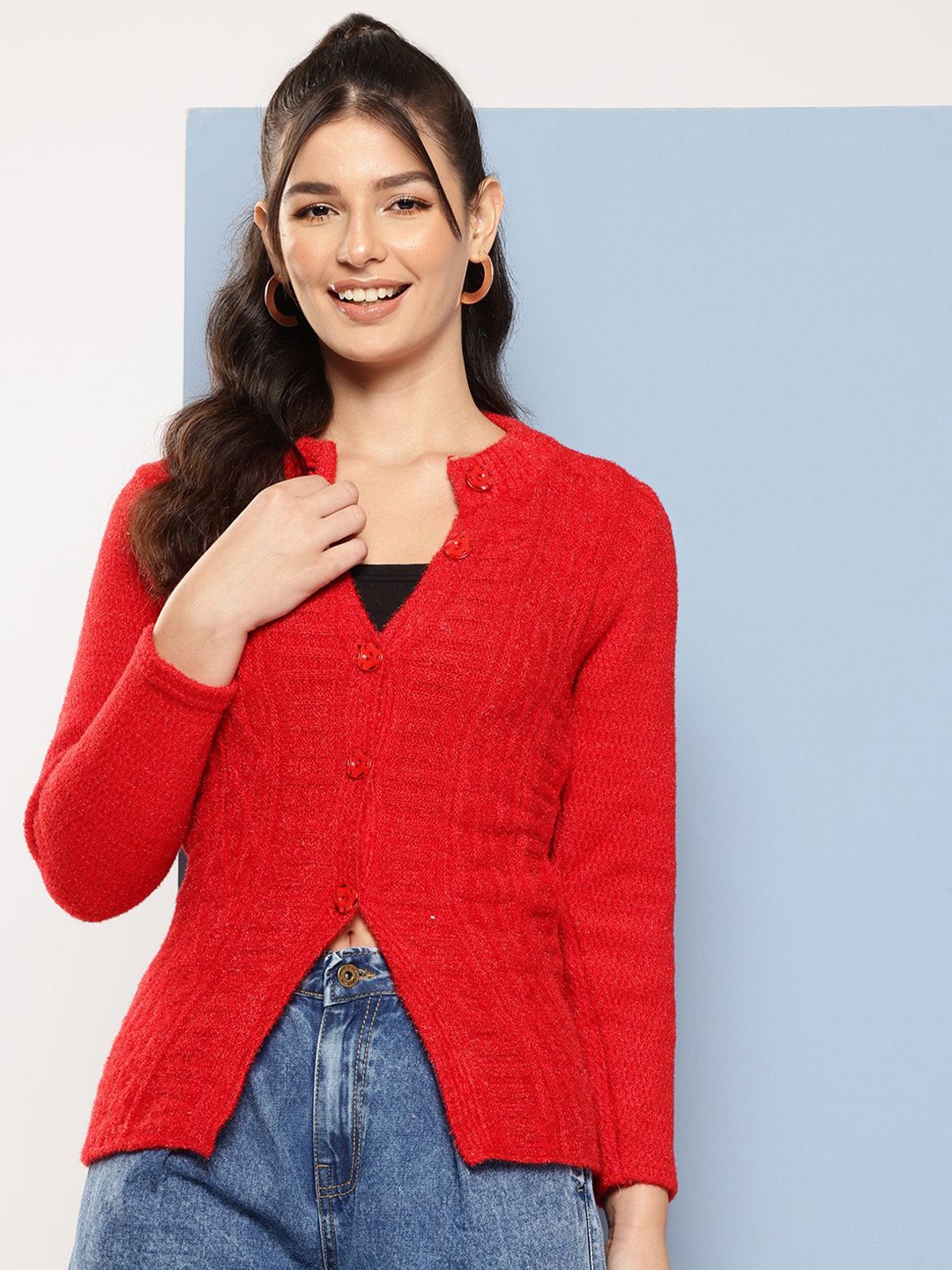 

BAESD Women Self Design Round Neck Woollen Cardigan, Red