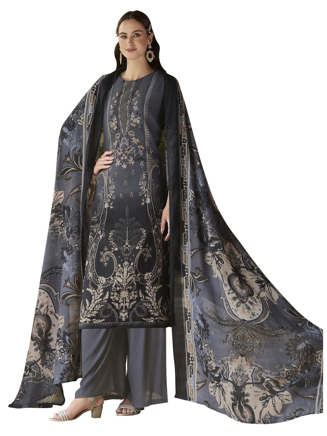 

DRAVINAM Trends Embroidered Viscose Rayon Unstitched Dress Material, Grey