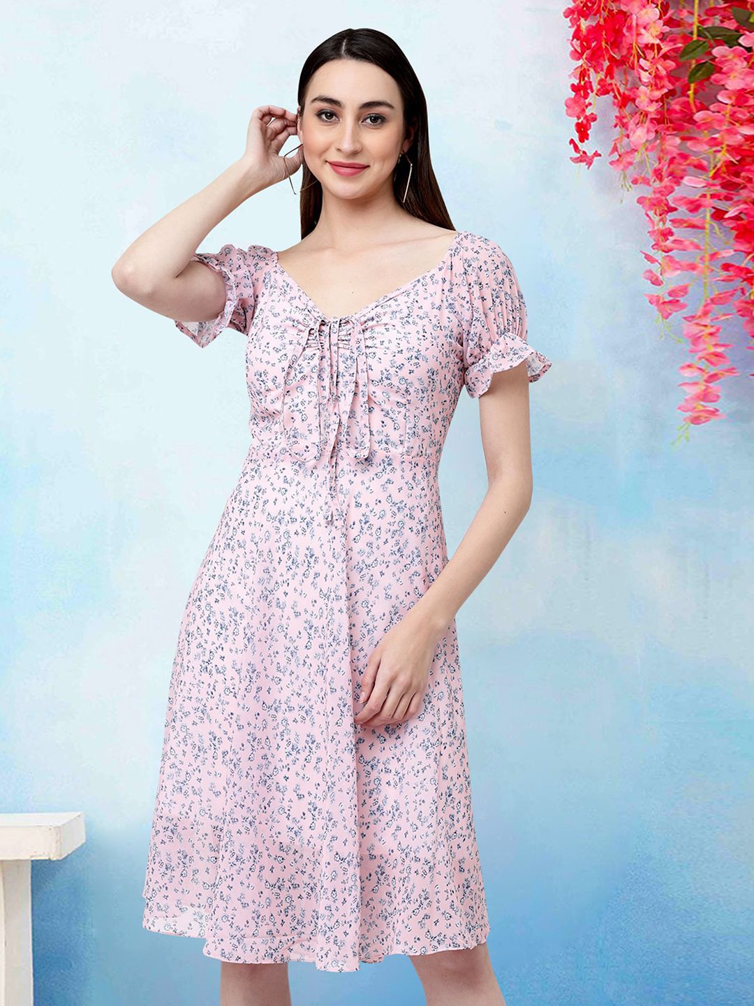 

MISS AYSE Women Floral Printed Tie-Up Neck Applique A - Line Dress, Pink