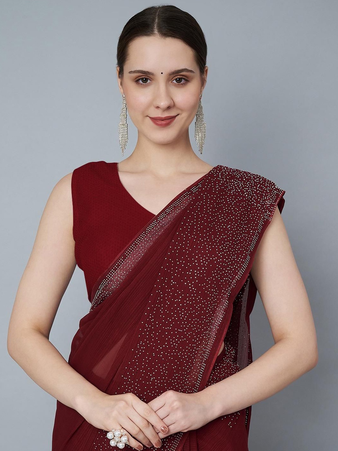 

SWADESI STUFF Embellished Beads and Stones Pure Georgette Saree, Maroon