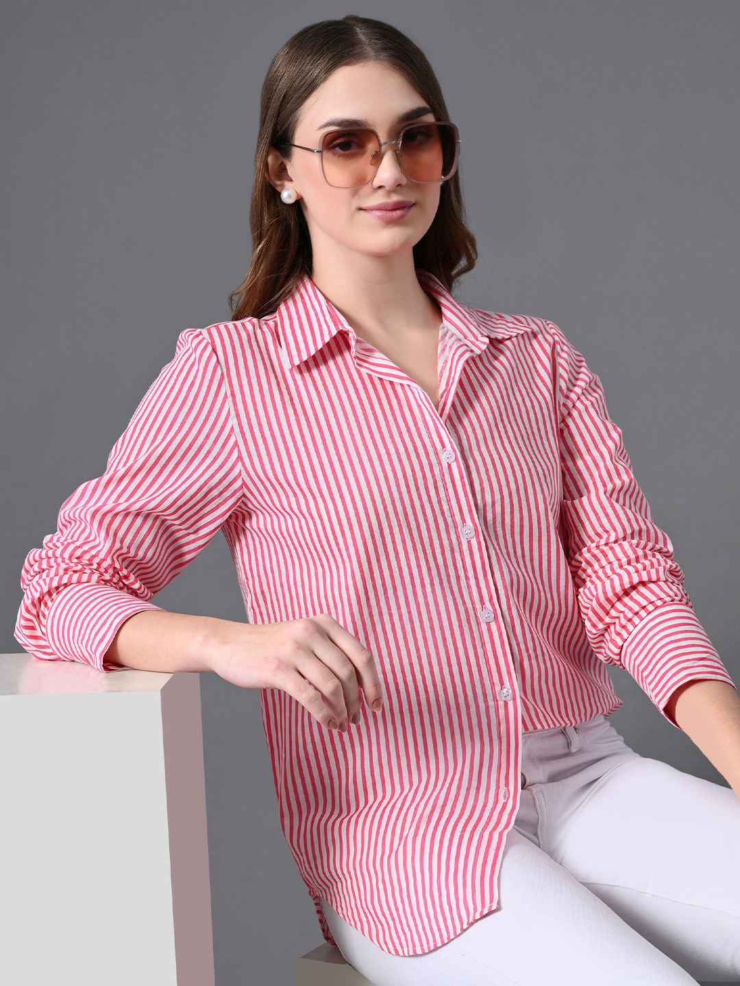 

The Roadster Lifestyle Co. Women Standard Oversized Fit Striped Cotton Casual Shirt, Pink