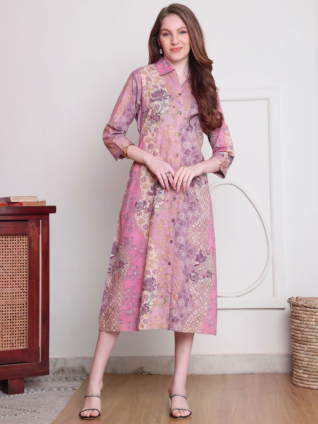 

Claura Floral Printed Pure Cotton Shirt Midi Dress, Mauve