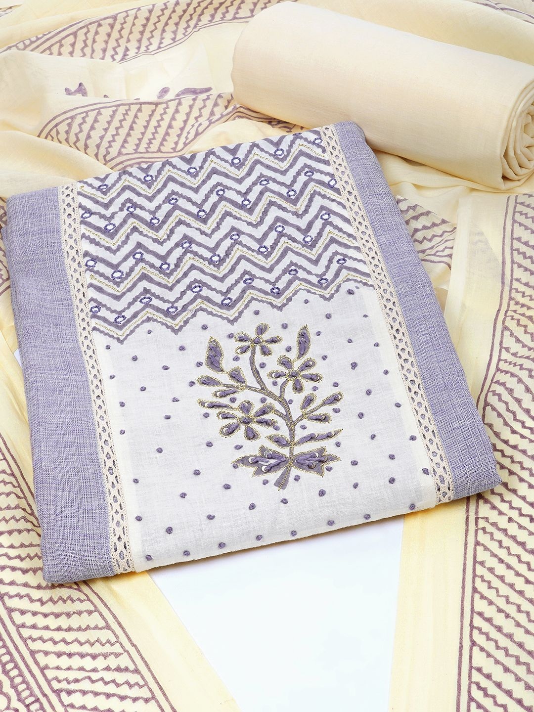 

KAMI KUBI Floral Embroidered Mirror Work Pure Cotton Unstitched Dress Material, Lavender