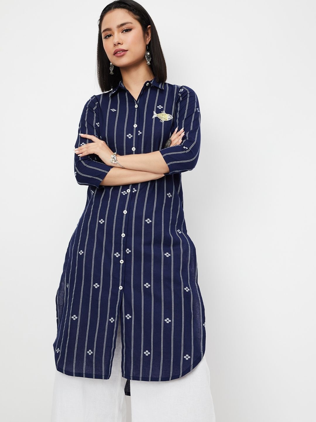 

max High Slit Striped Woven Design Shirt Collar Cotton Straight Kurta, Blue