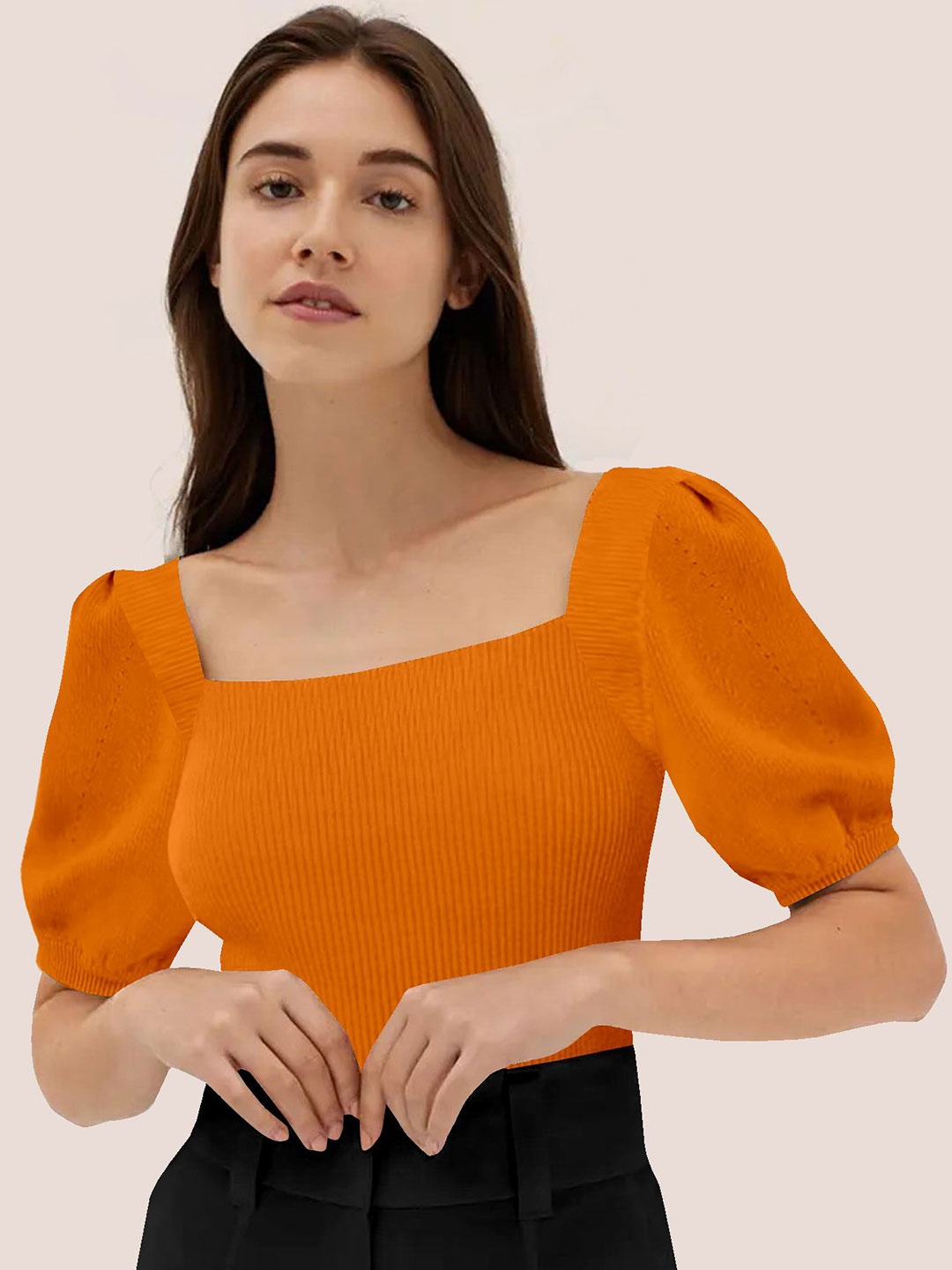 

BerryBird Square Neck Puff Sleeve Knitted Top, Peach