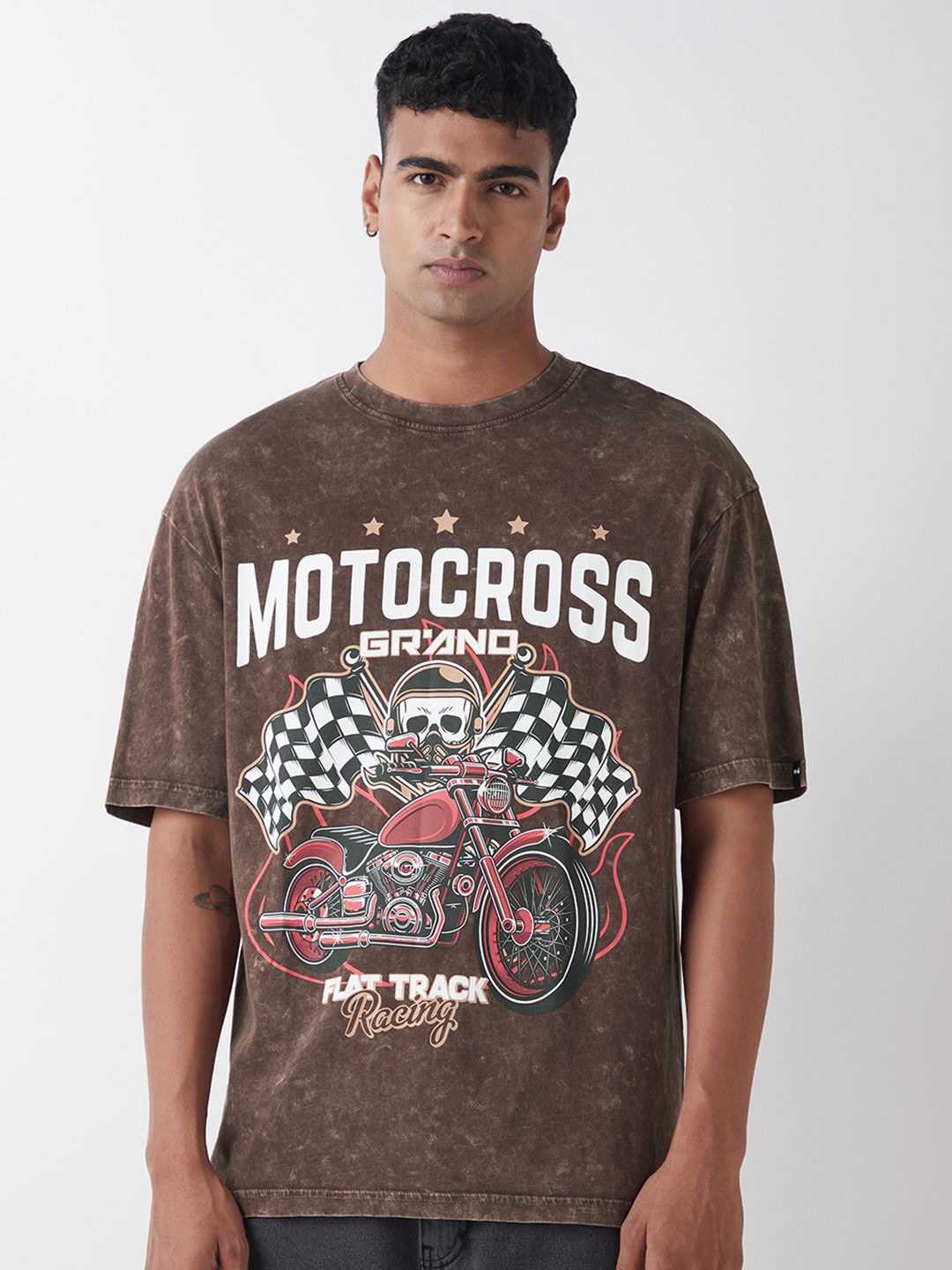 

Bewakoof Men's Chocolate Brown Graphic Printed Oversized Acid Wash T-shirt