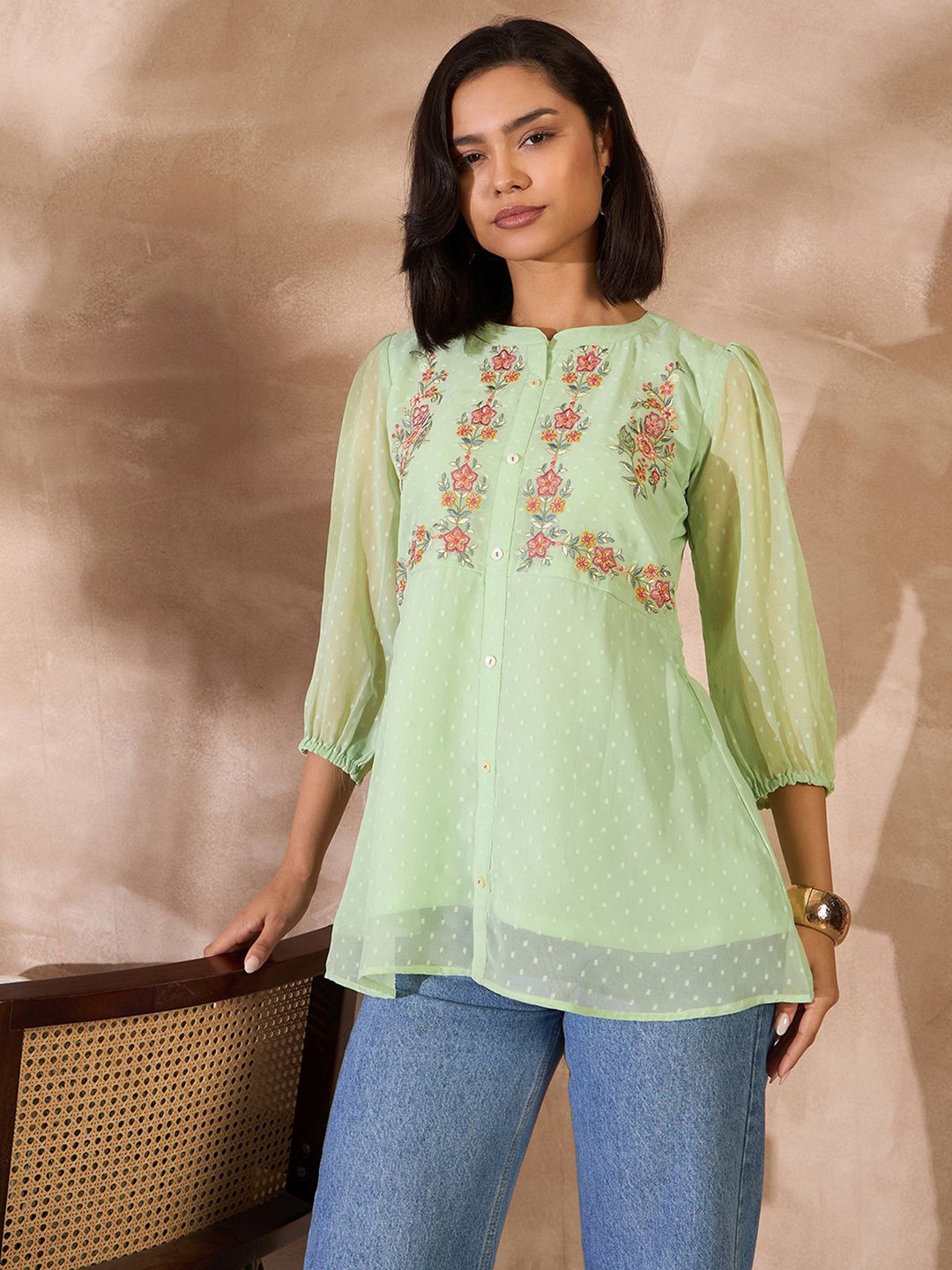 

all about you Women Mandarin Collar Embroidered A-Line Longline Top, Green