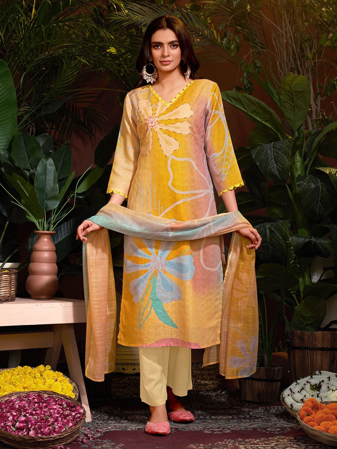 

Krimmple Women Floral Printed Regular Thread Work Kurta with Pyjamas & With Dupatta, Yellow