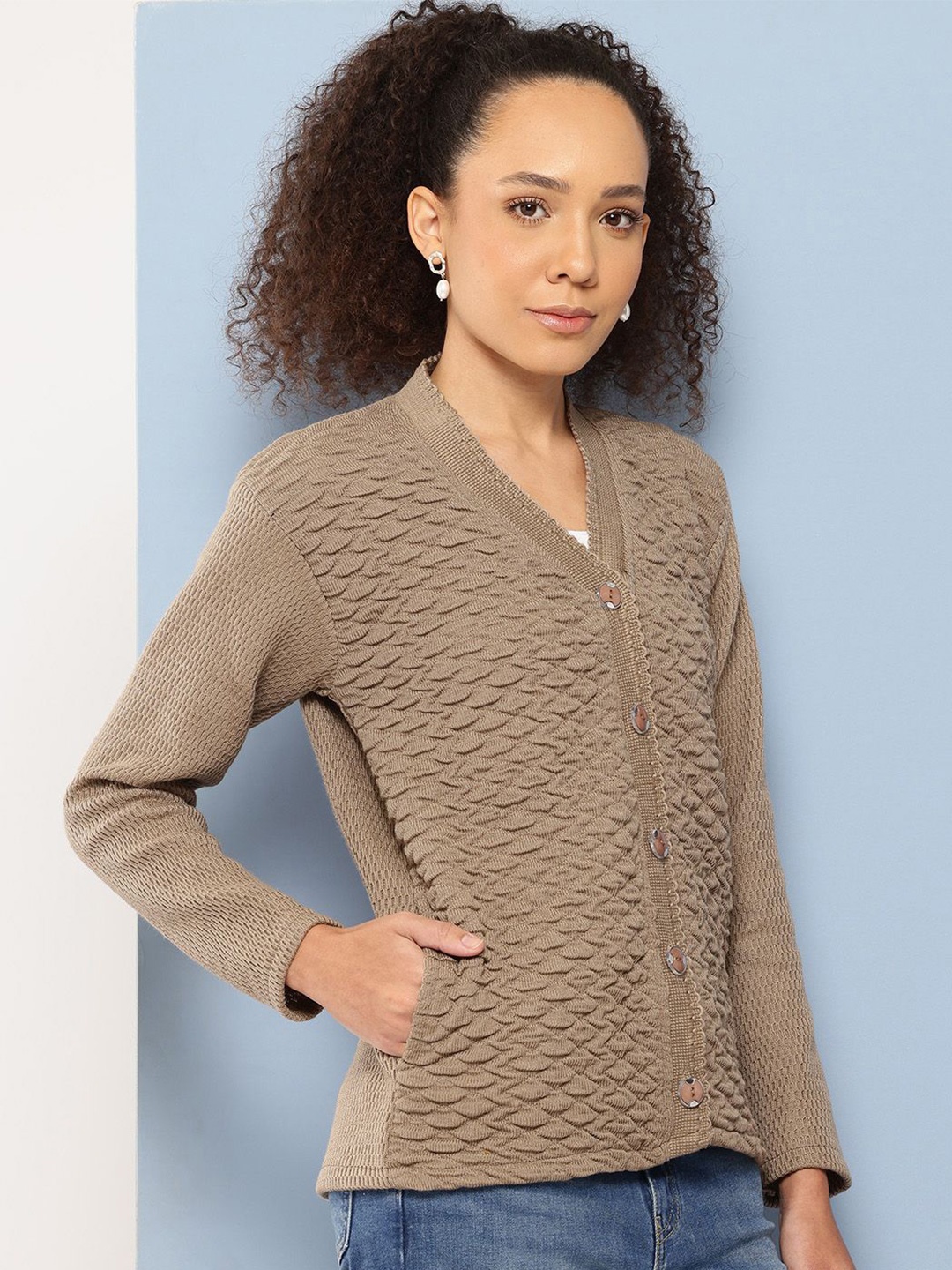 

BAESD Women Self Design Woollen Cardigan, Beige