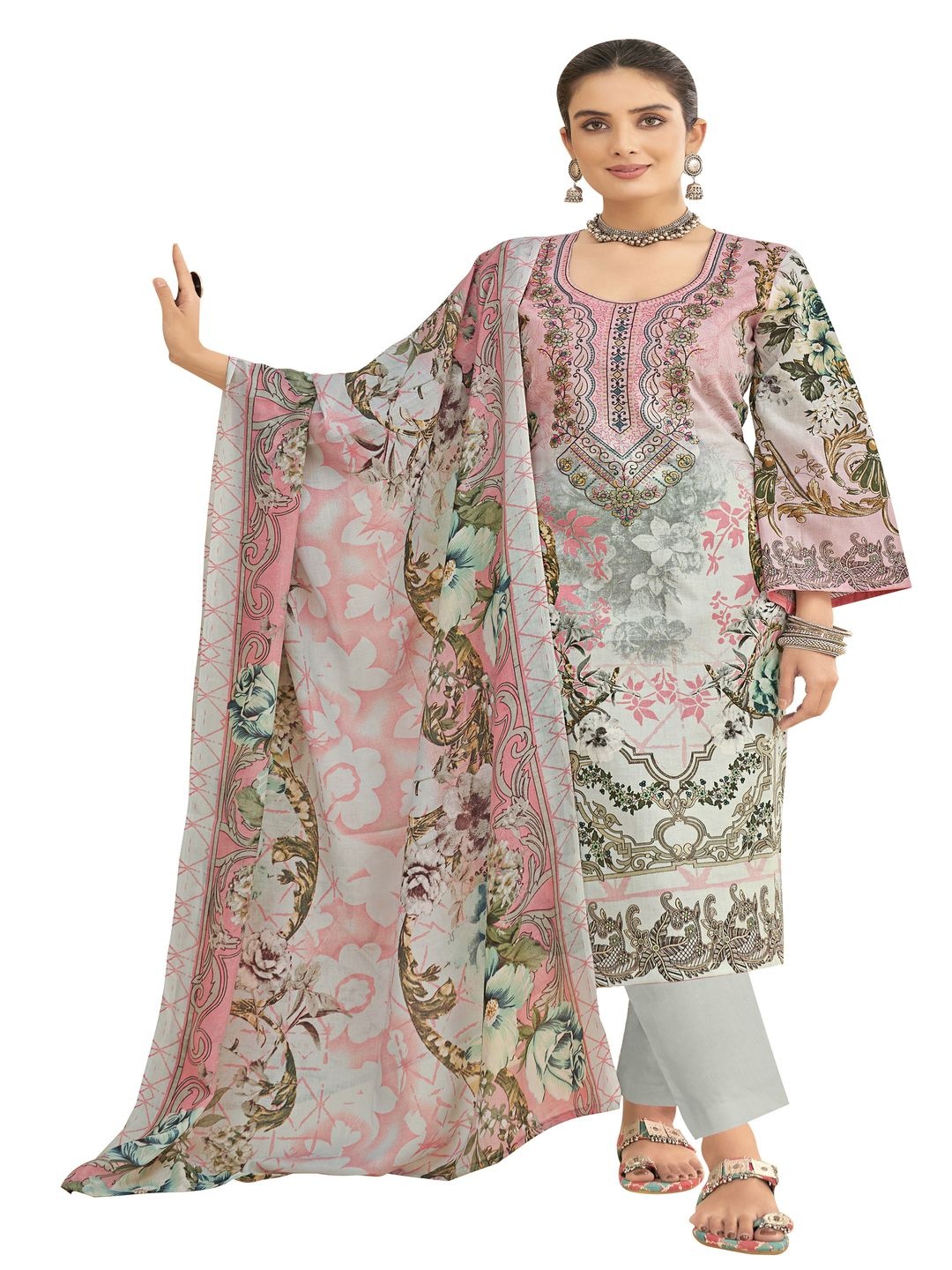 

DRAVINAM Trends Embroidered Pure Cotton Unstitched Dress Material, Grey