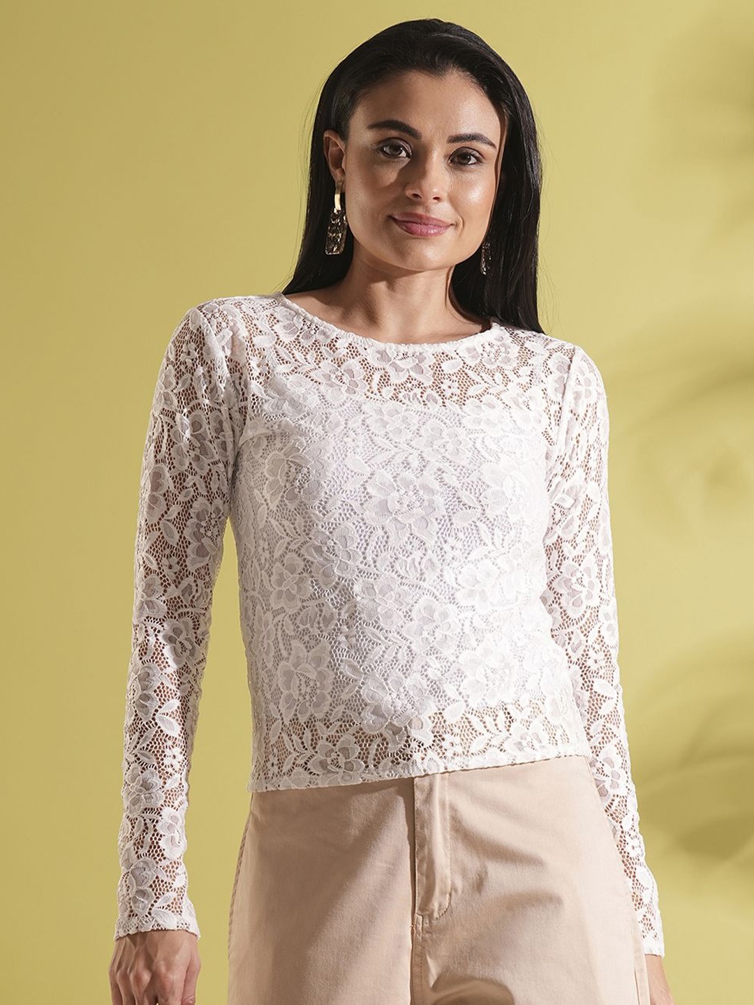 

Globus Boat Neck Self Design Floral Lace Long Sleeve Party Top, White