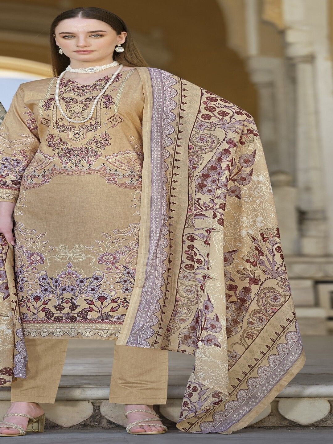 

DRAVINAM Trends Pure Cotton Unstitched Dress Material, Beige