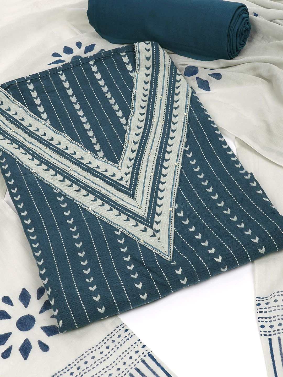 

KAMI KUBI Geometric Printed Sequinned Pure Cotton Unstitched Dress Material, Blue