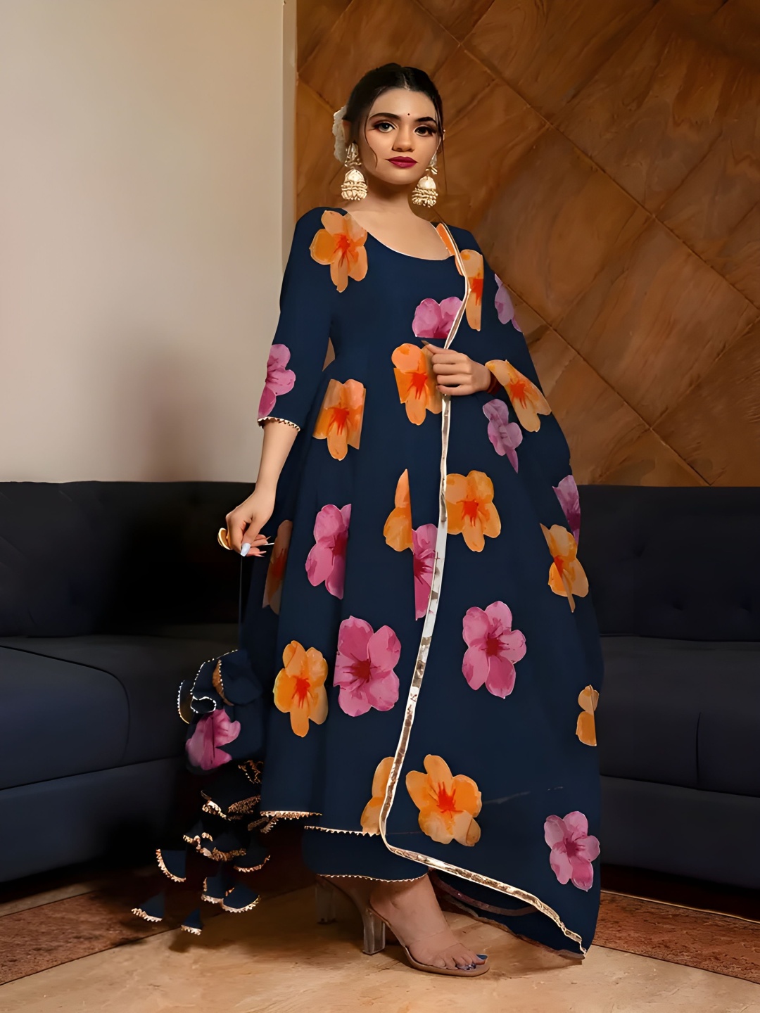 

KHODALCREATIN Women Floral Printed Regular Gotta Patti Kurti with Pyjamas & With Dupatta, Navy blue