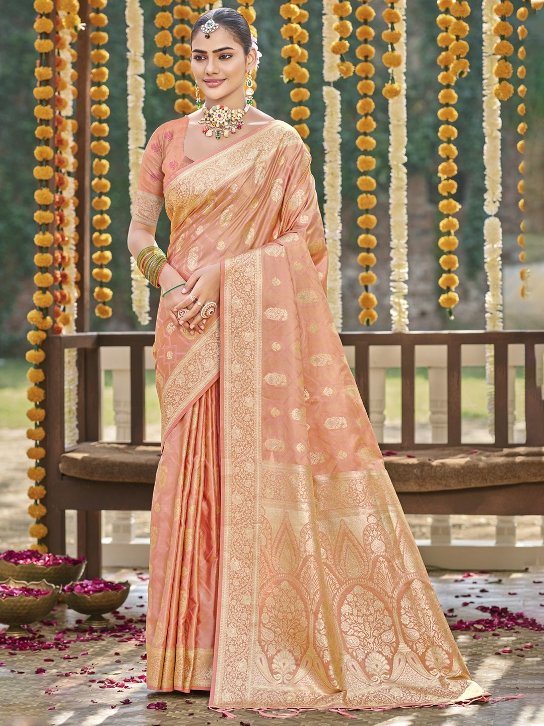 

SANGAM PRINTS Floral Zari Satin Tussar Saree, Peach