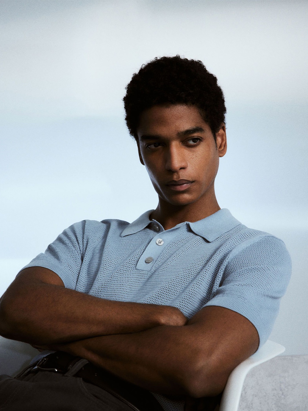 

H&M Regular Fit Hole-knit Polo Shirt, Blue