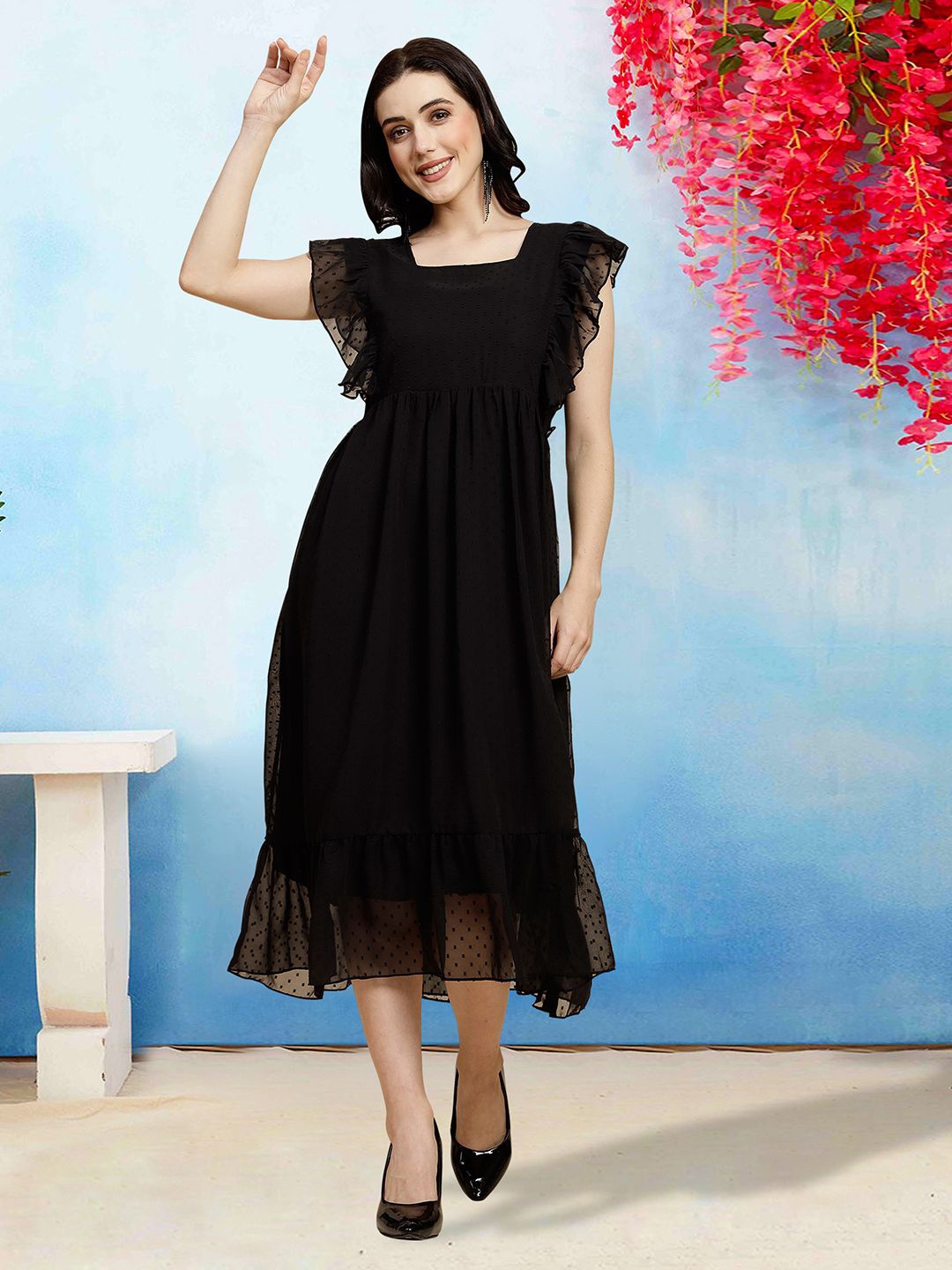 

MISS AYSE Applique Fit & Flare Dress, Black