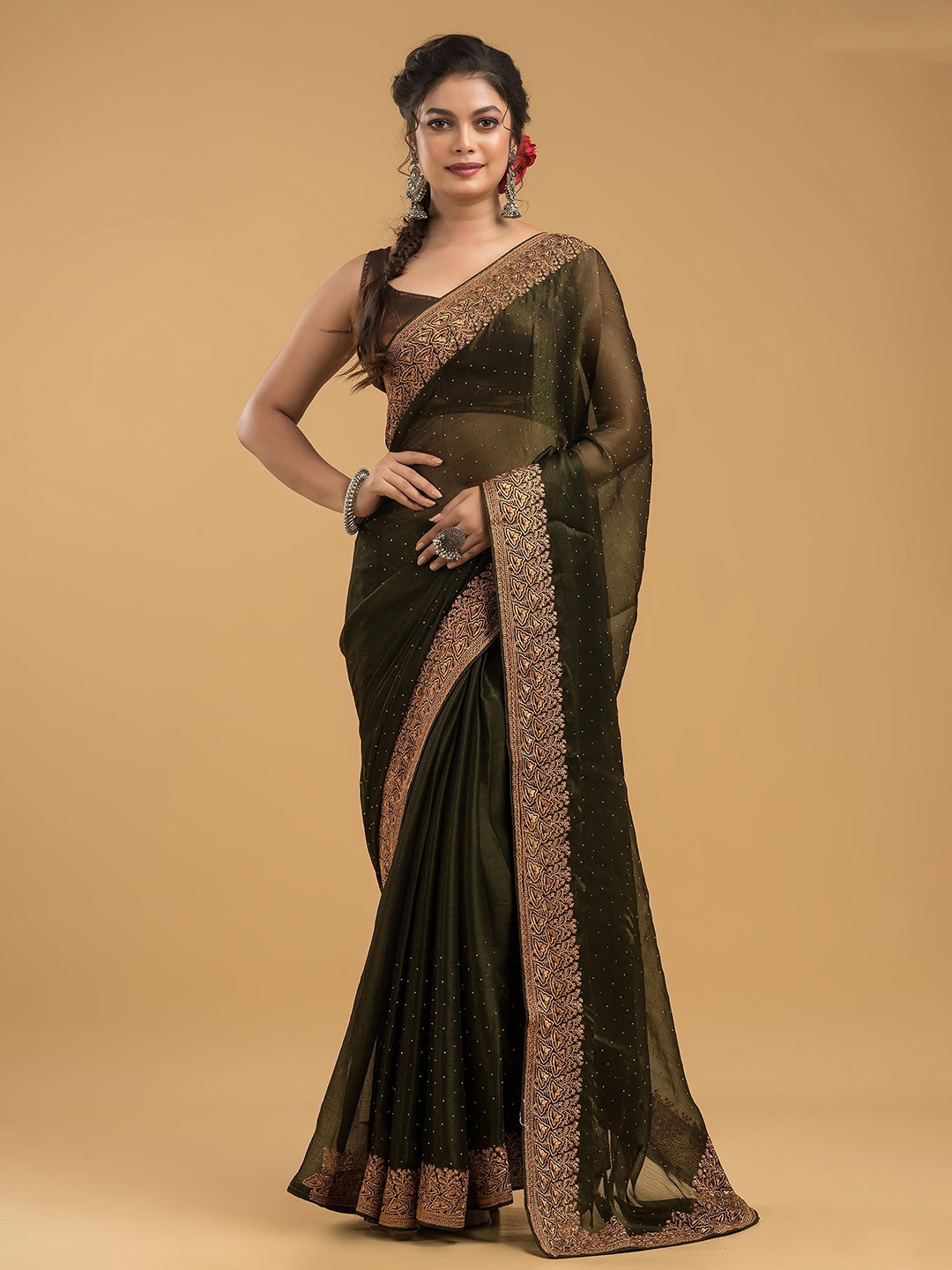 

Dheu Embellished Embroidered Pure Chiffon Designer Saree, Green