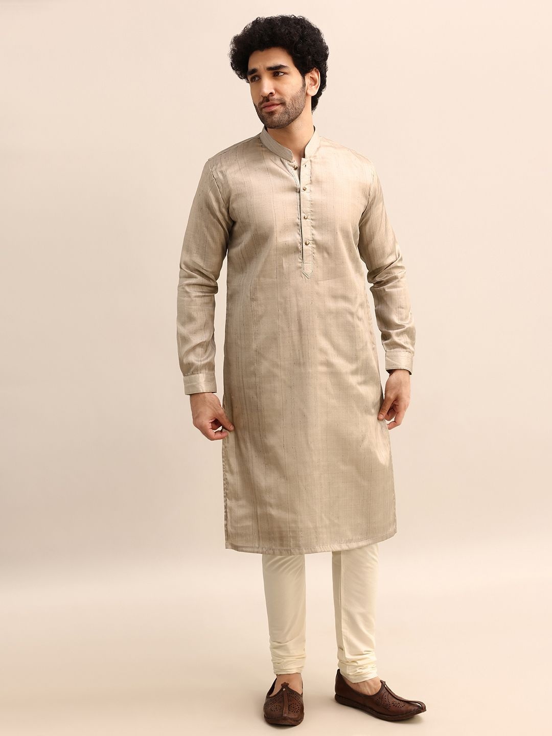 

KALKI Fashion Mandarin Collar Roll-Up Sleeves Straight Kurta With Churidar, Beige