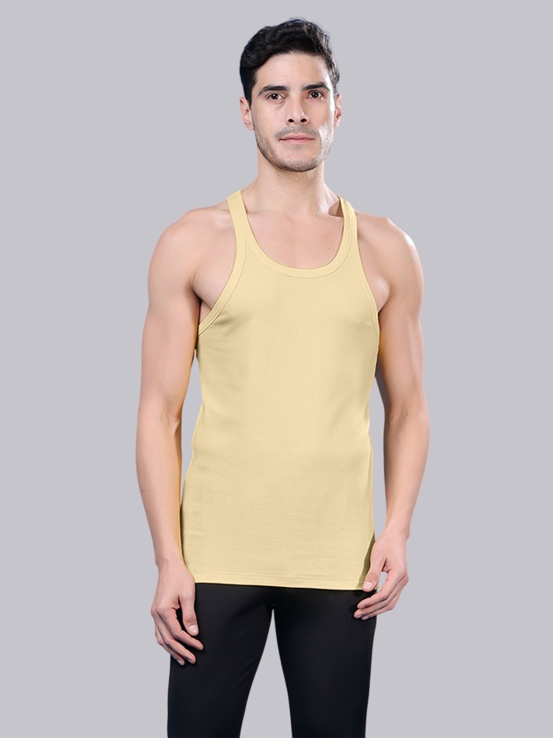 

Friskers Men Cotton Round Neck Ribbed Sleeveless Gym Vest, Beige