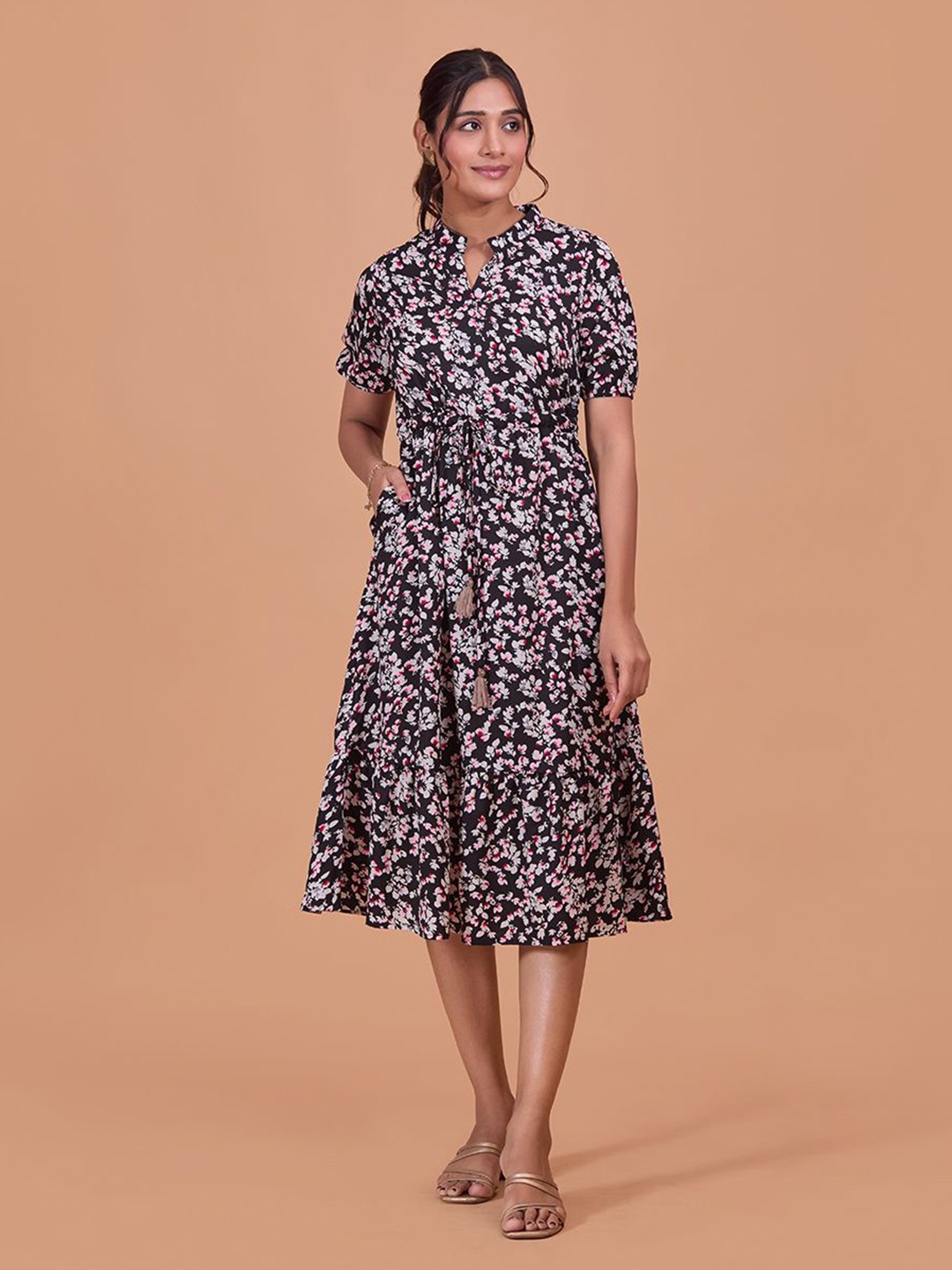 

Fashfun Floral Printed Puff Sleeve Cotton Fit & Flare Midi Dress, Black
