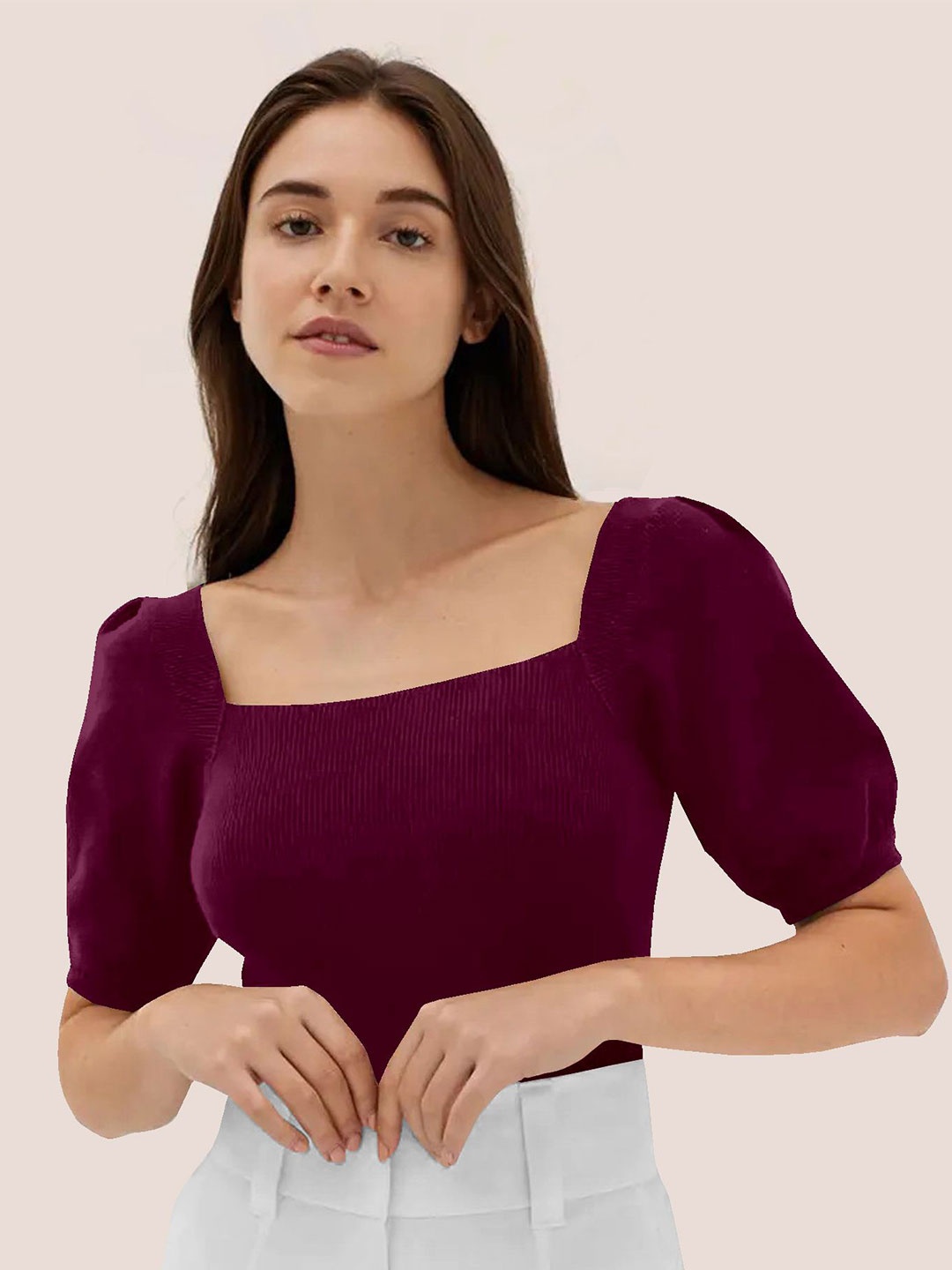

BerryBird Square Neck Puff Sleeve Knitted Top, Purple