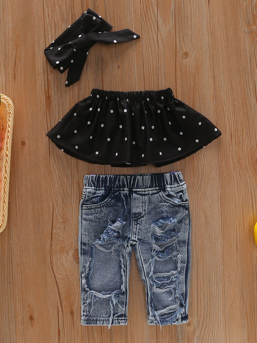 

YK Girls Polka Dots Printed Off Shoulder Top With Trousers, Black