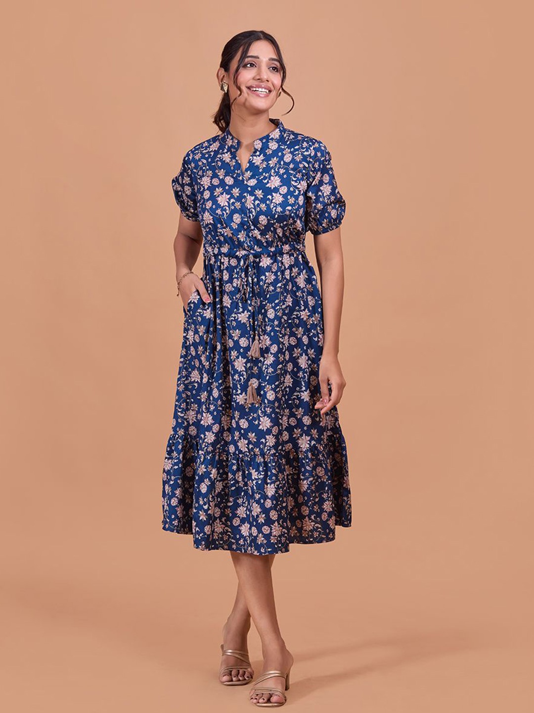

Fashfun Women Ethnic Motifs Print Puff Sleeve Fit & Flare Midi Dress, Blue