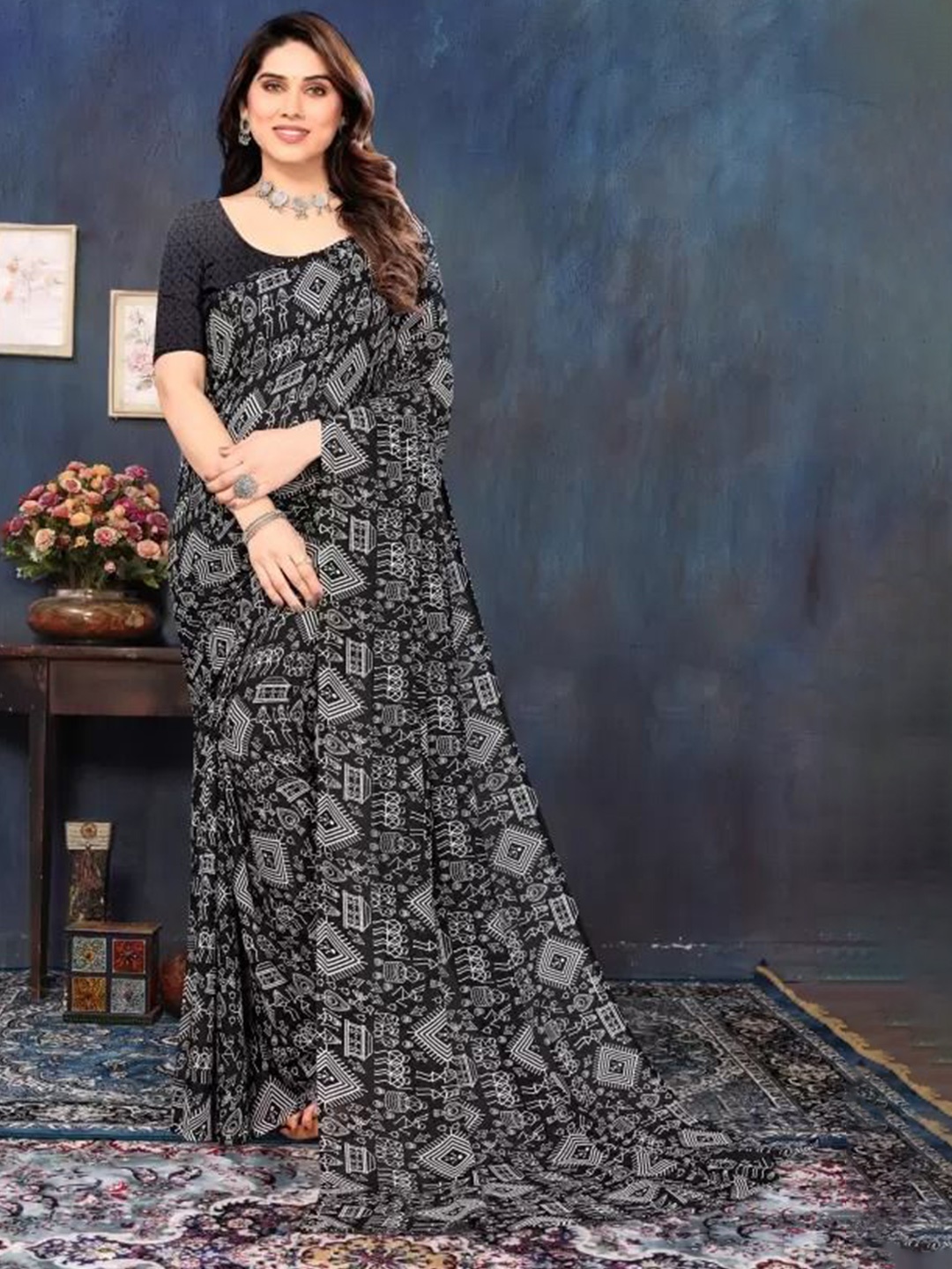 

KALINI Warli Pure Georgette Saree, Black