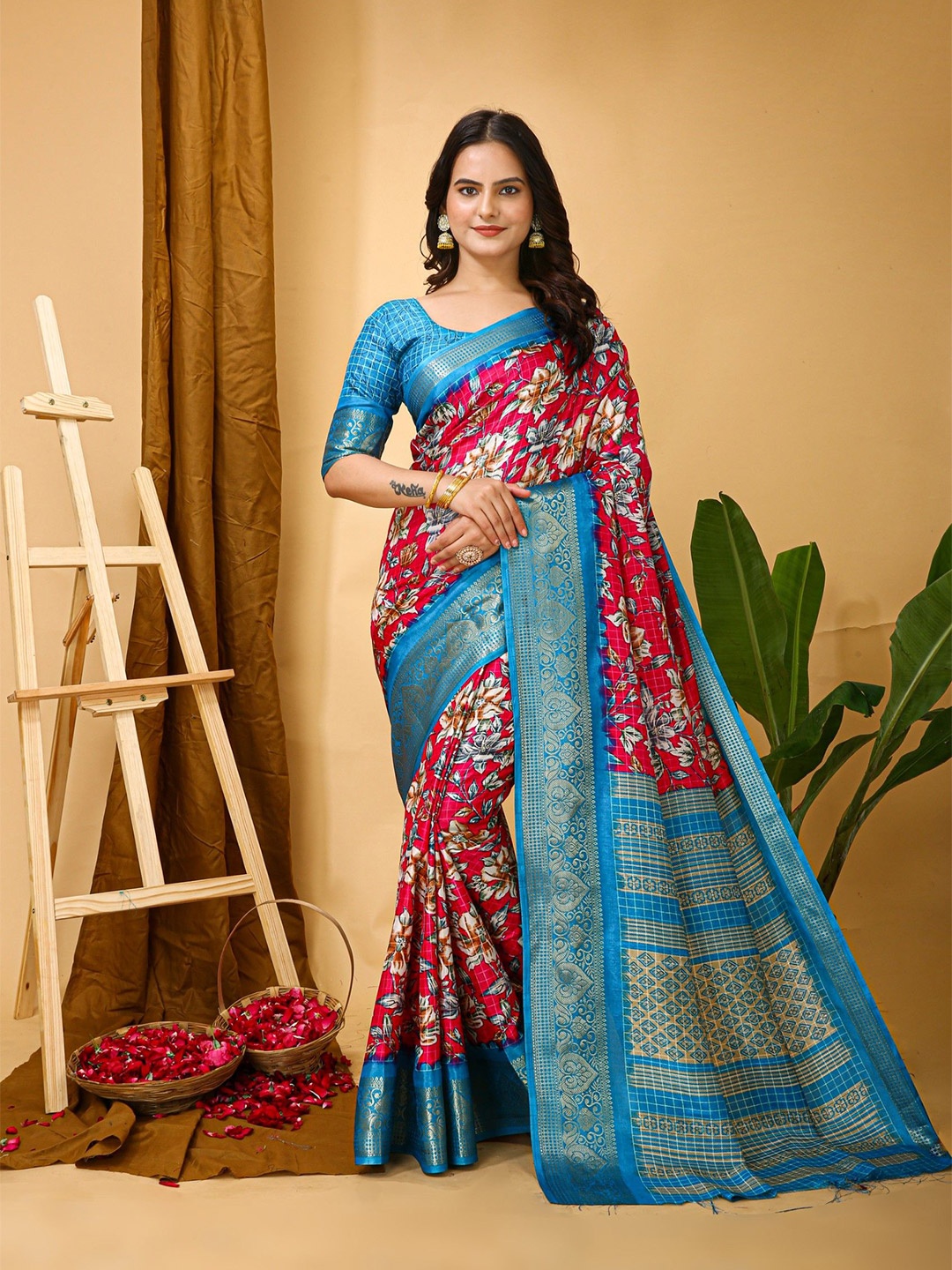 

LeeliPeeri Designer Floral Zari Saree, Pink