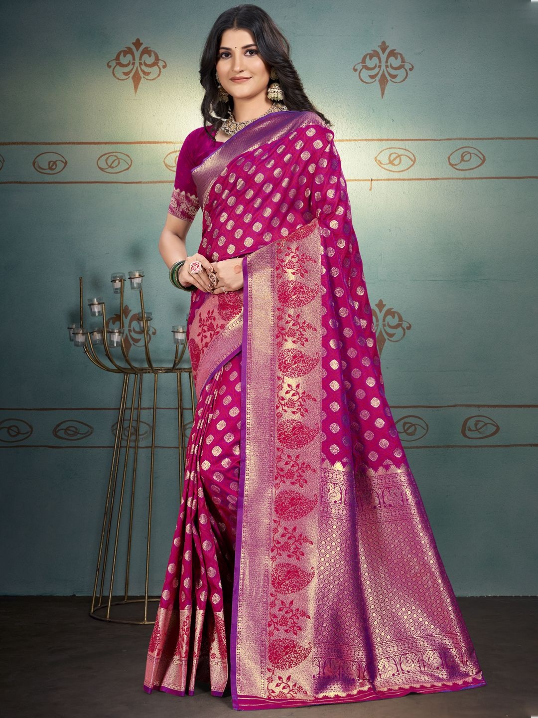 

SANGAM PRINTS Floral Zari Silk Blend Tussar Saree, Magenta