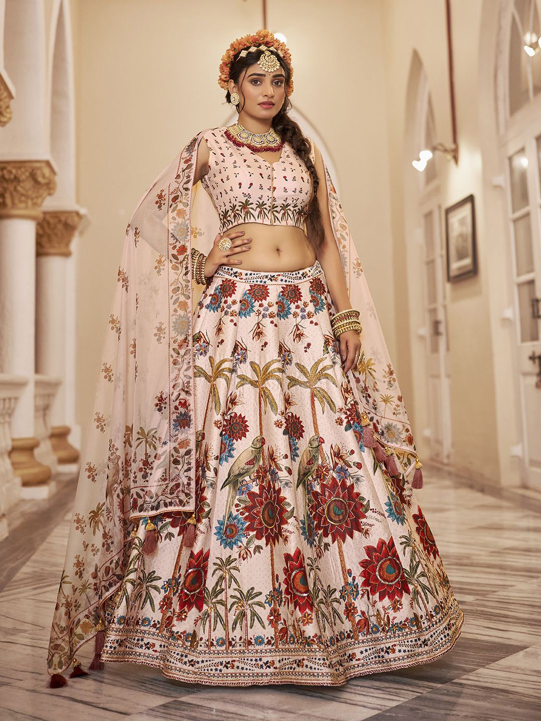 

Fusionic Pastel Floral Printed Lehenga & Blouse with Dupatta, Off white