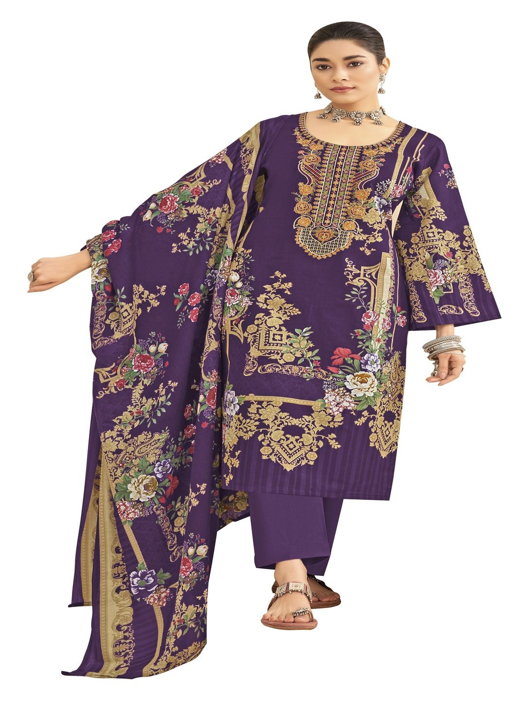 

DRAVINAM Trends Embroidered Pure Cotton Unstitched Dress Material, Purple
