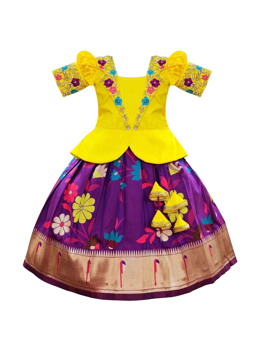 

Wommaniya Impex Girls Embroidered Thread Work Ready to Wear Lehenga &, Yellow