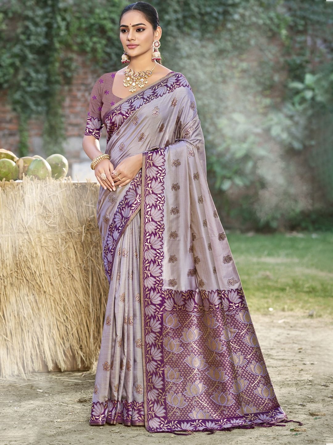 

SANGAM PRINTS Woven Design Floral Zari Tussar Saree, Grey