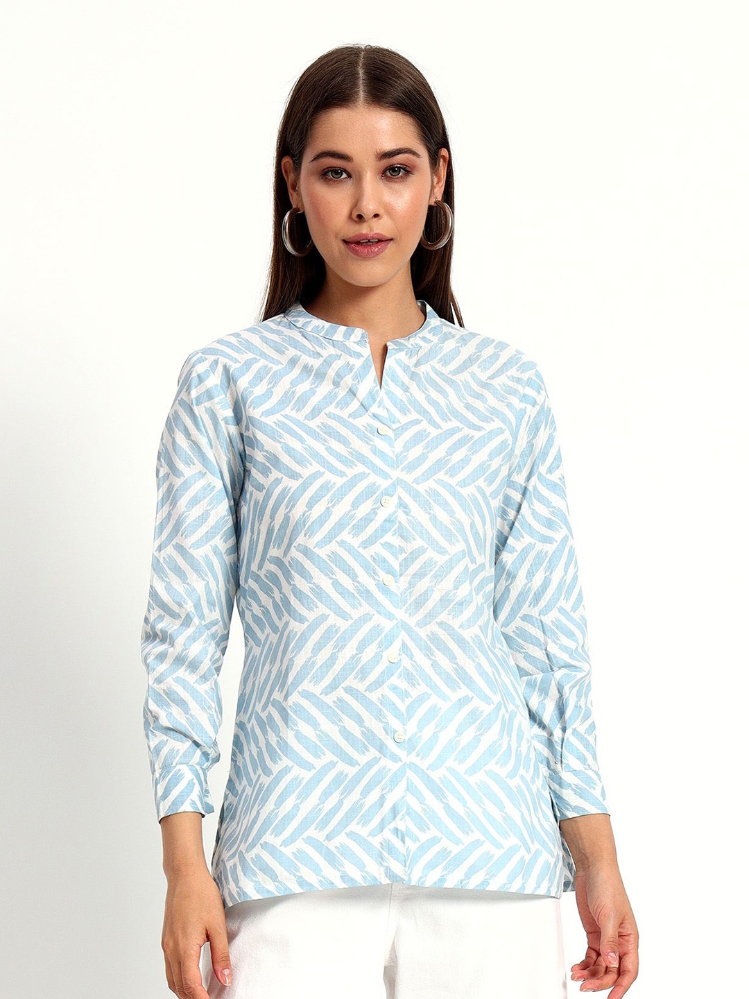 

Peikh Women Geometric Printed Linen Top, Blue