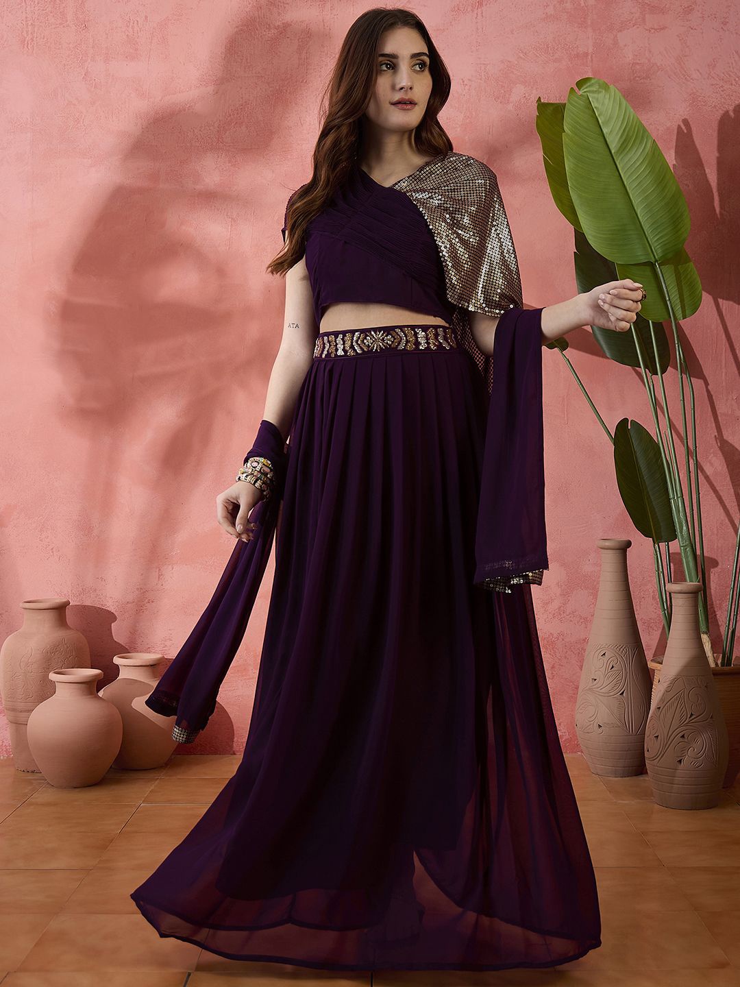 

Sangria Sequinned Embellished Ready to Wear Lehenga Choli With Dupatta, Burgundy