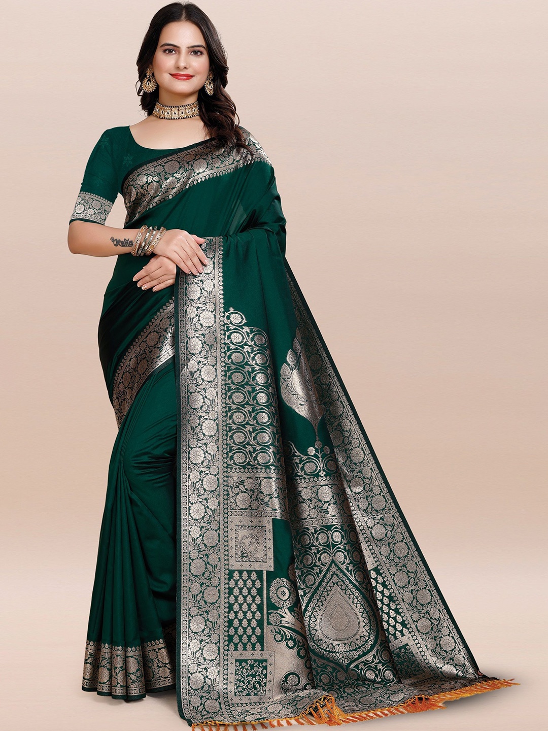 

TORONFRAS Zari Silk Blend Banarasi Saree, Green