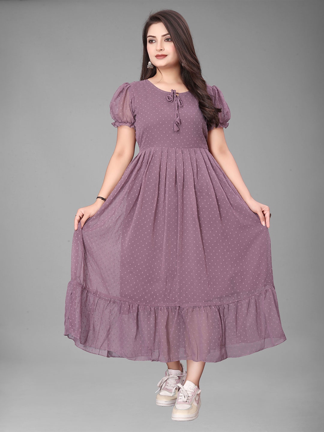 

QENA Women Tie-Up Neck Puff Sleeve Self Design Empire Midi Dress, Lavender