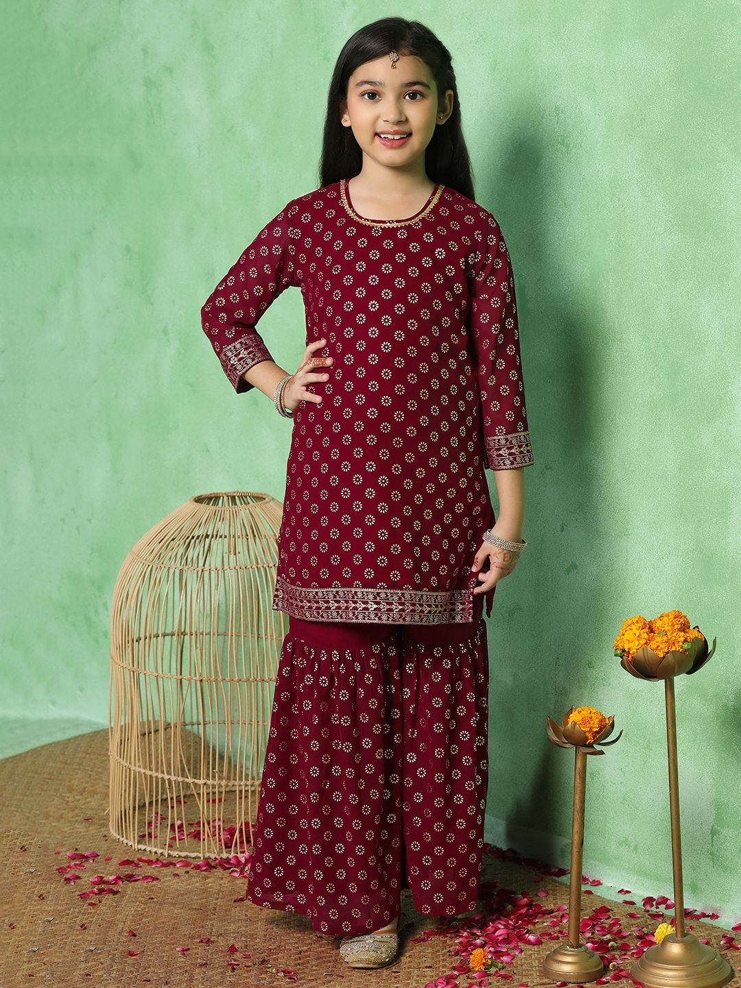 

BAESD Girls Ethnic Motifs Printed Regular Kurta with Sharara, Maroon