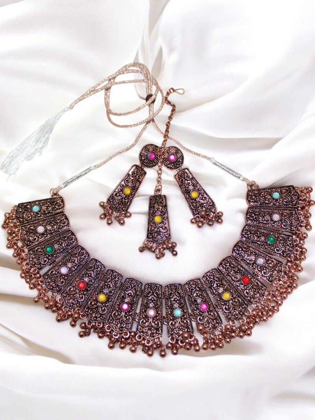 

Jolly Faces Copper-Plated Stone-Studded & Beaded Jewellery Set