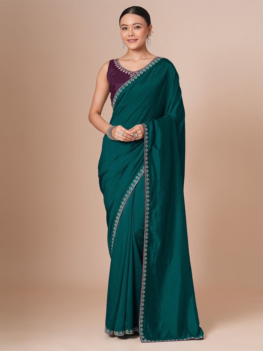 

House of Pataudi Embellished Saree WithBlousePiece, Teal