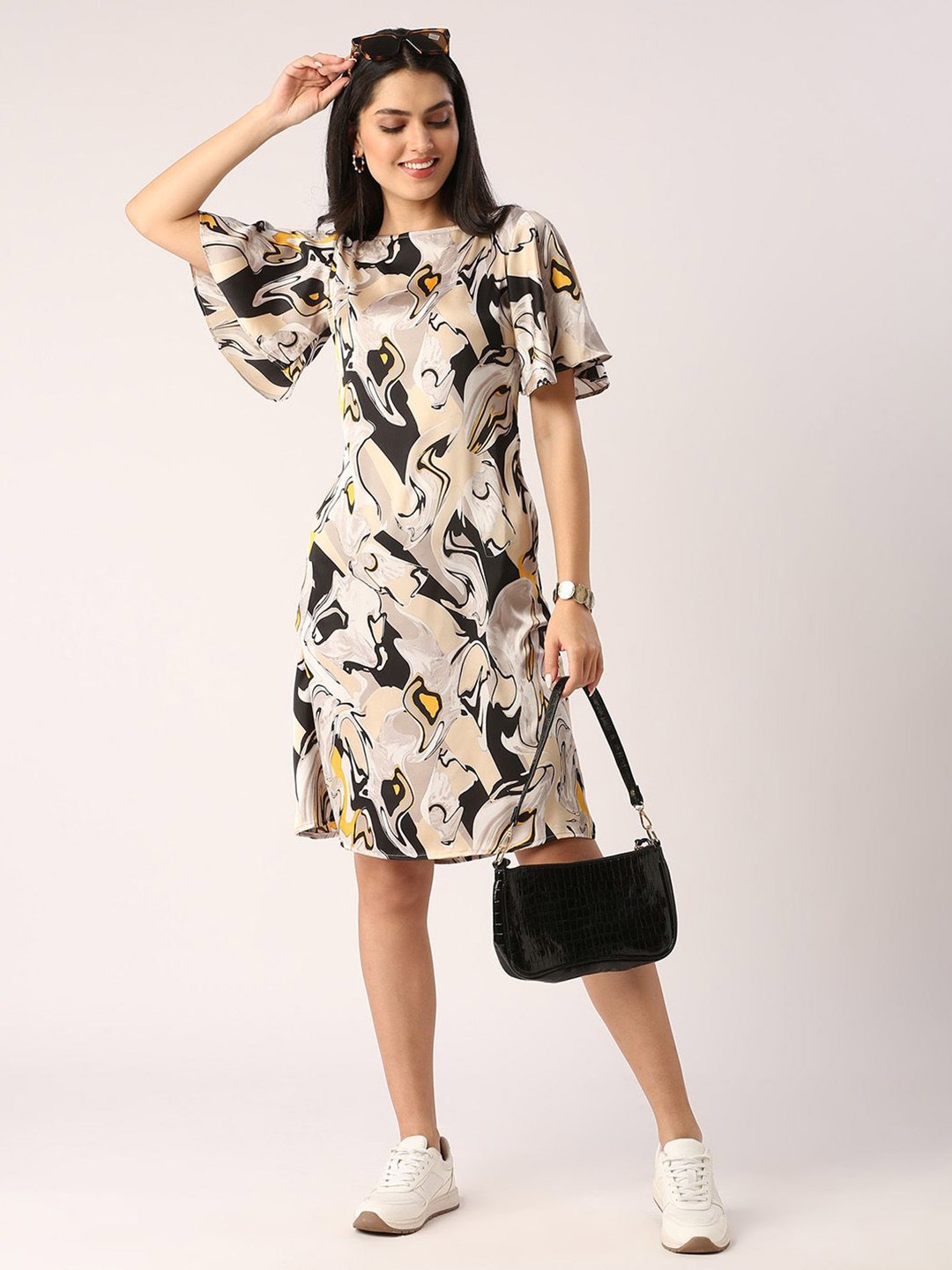 

ESTERIA Women Printed Flared Sleeve Satin A-Line Dress, Cream