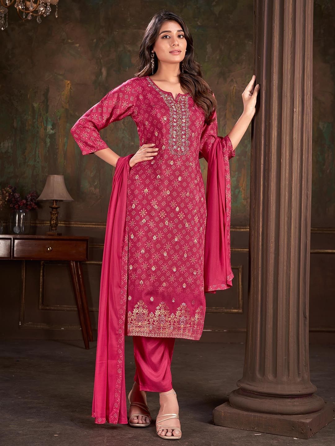 

Krimmple Women Floral Printed Regular Thread Work Pure Silk Kurti with Pyjamas & With Dupatta, Pink