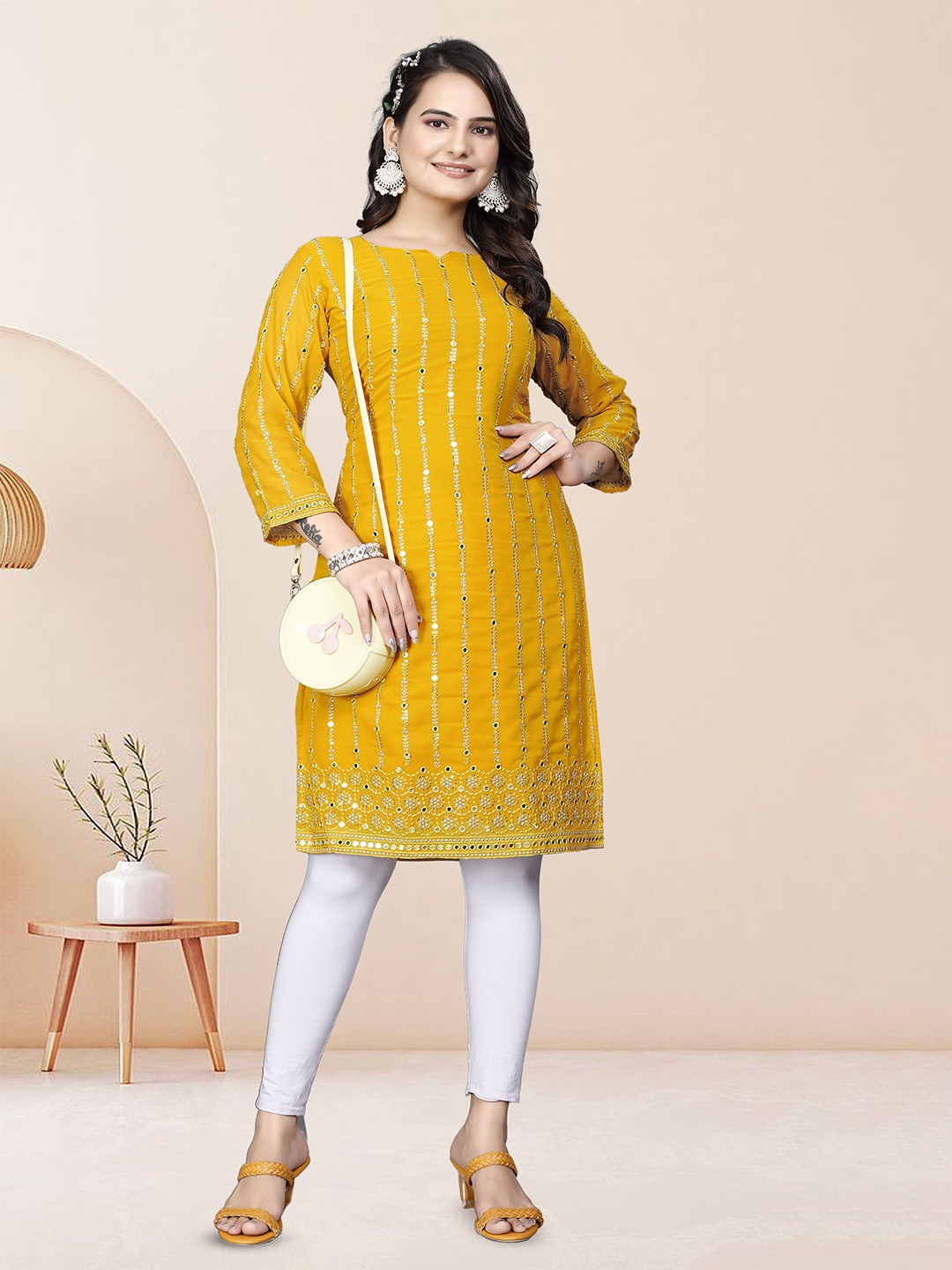 

WEAVETECH IMPEX Ethnic Motifs Embroidered Georgette Notch Neck Straight Kurta, Yellow