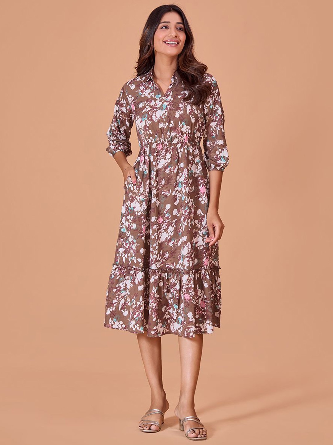 

Fashfun Women Floral Printed Cotton Fit & Flare Midi Dress, Brown