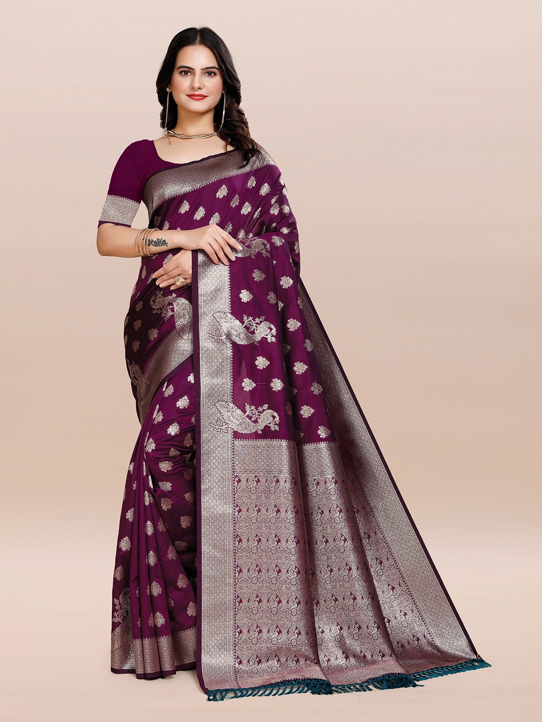 

TORONFRAS Woven Design Zari Silk Blend Banarasi Saree, Purple