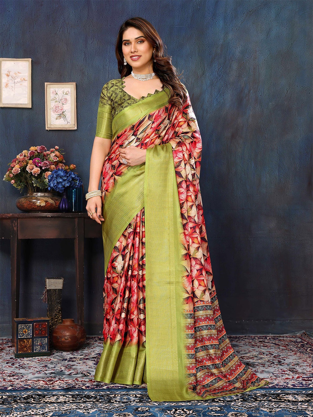 

HMP Fashion Woven Design Floral Printed Zari Saree, Green