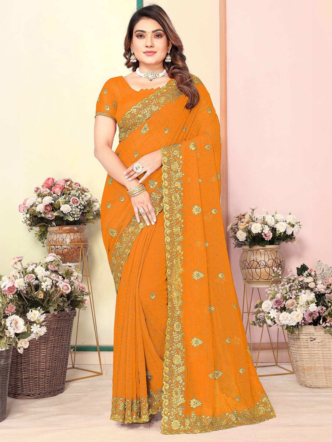 

KHRITI FAB Floral Pure Georgette Saree, Orange